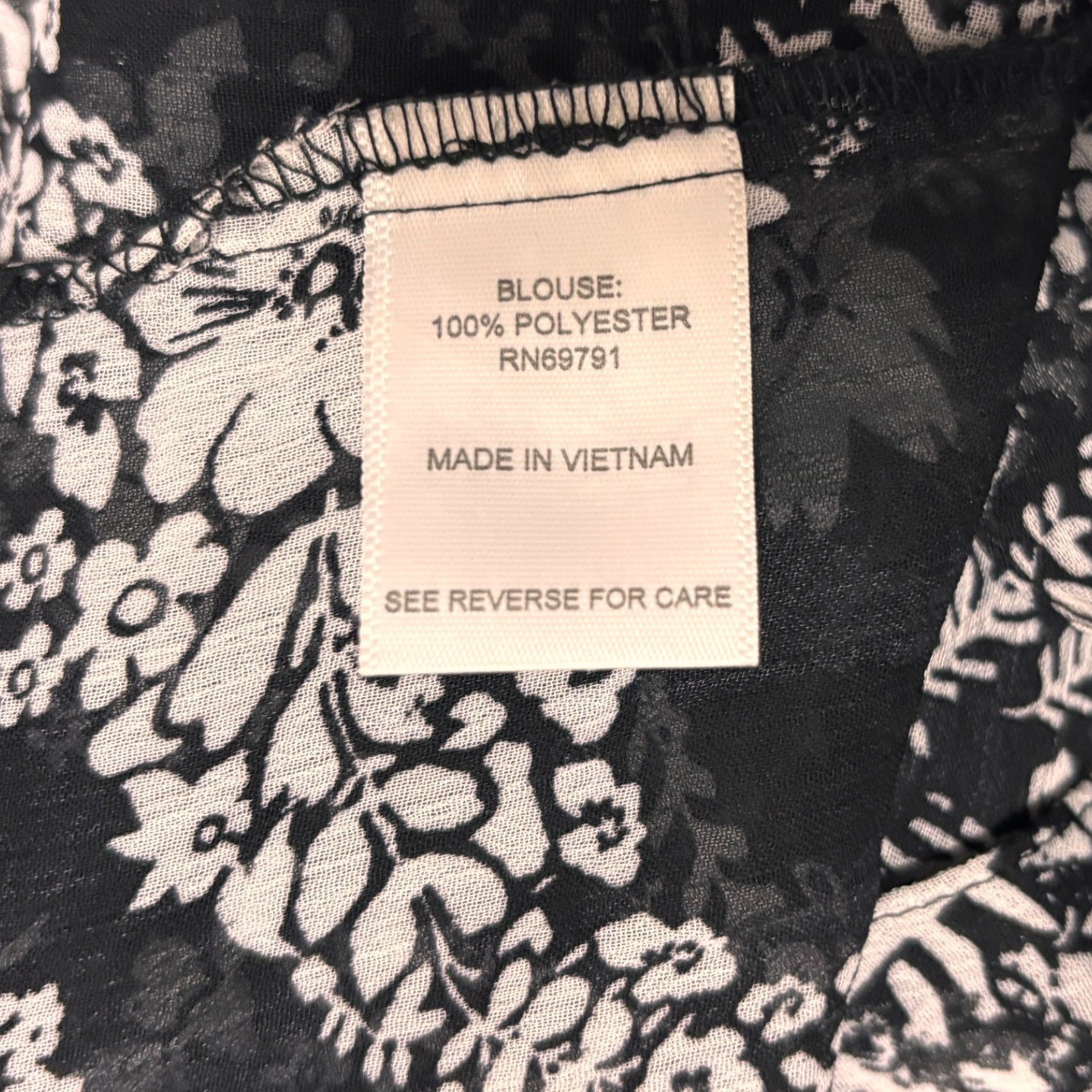 Roz & Ali Blouse Black White Floral Paisley Sheer Chiffon Button Up Career Large