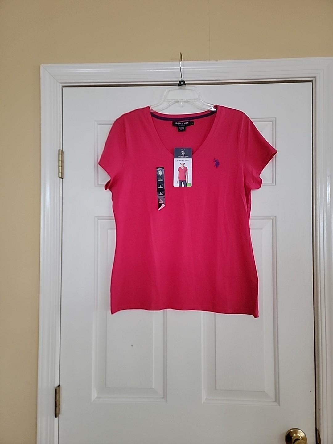 NWT U.S. Polo Assn. Sz L Pink Womens Regular Fit V-Neck T-Shirt