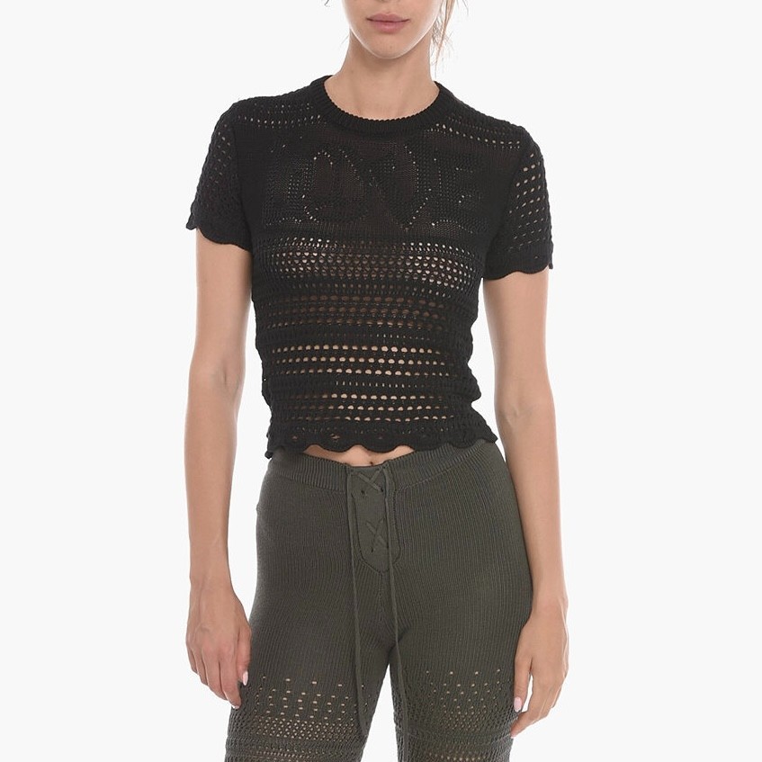 Amiri Love Intarsia Silk Blend Black Short Sleeve Knit Crochet Top M