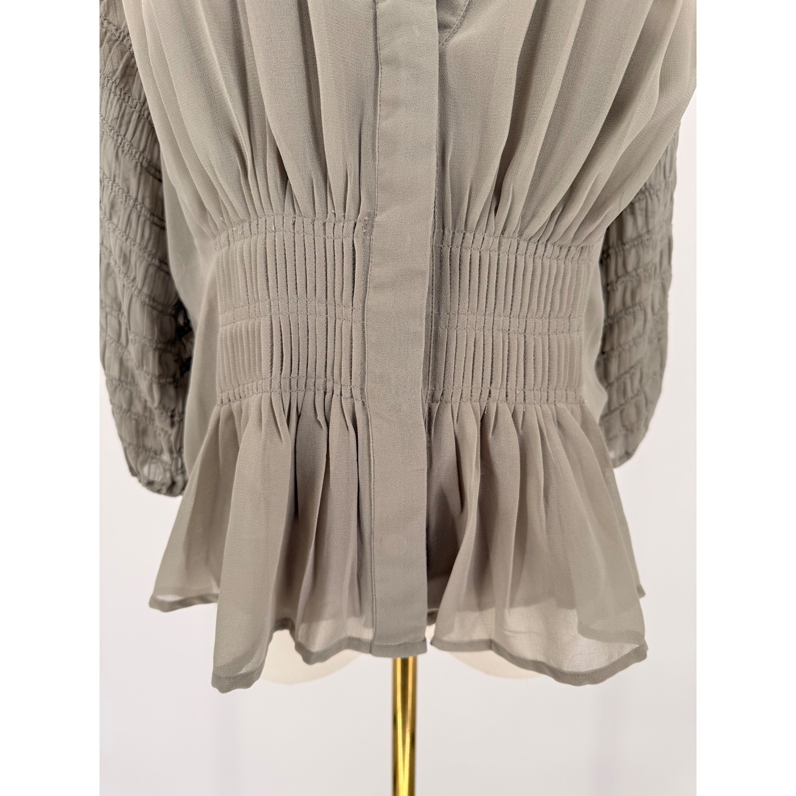 French Connection Elegant Gray Sheer Peplum Blouse Smocked Sleeve V Neck