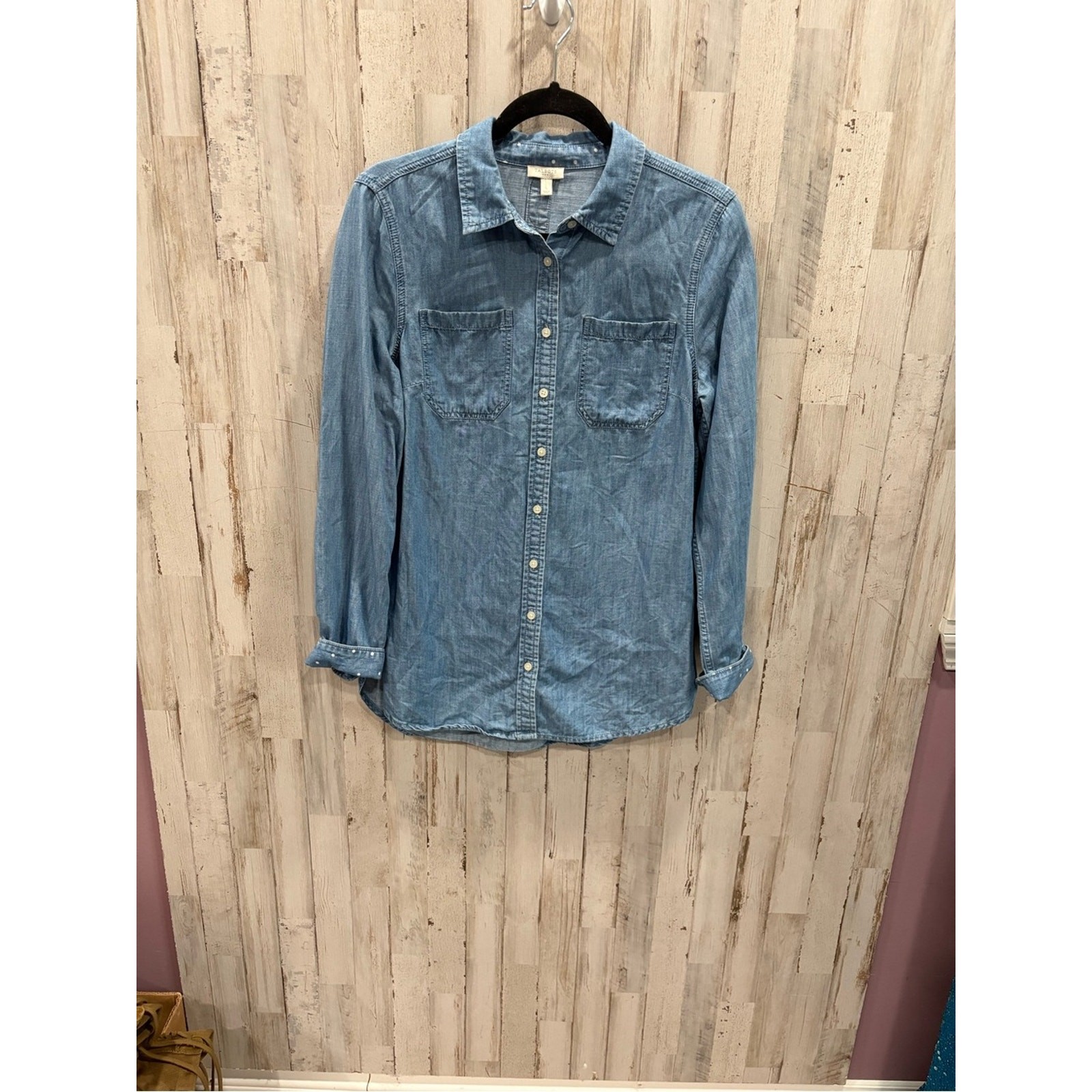 Talbots Blue Denim Button-Front Shirt Flip Cuff Shirt Small Western Cowgirl