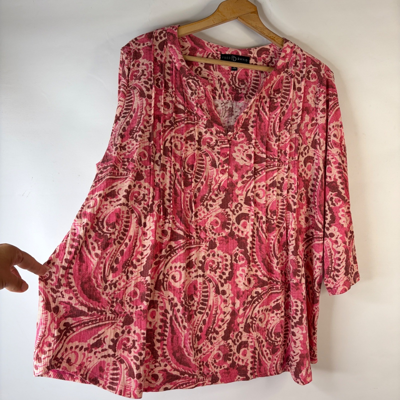 Fred David Top Women 3X Pink Paisley Pintuck Ribbed 3/4 Sleeve