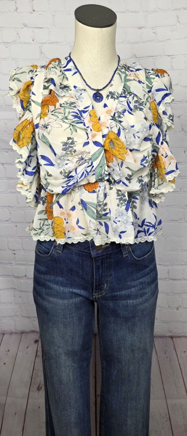 Bae Vely Blouse Floral Lace Ruffles Back Tie Fairy Boho Coquette Cottagecore S