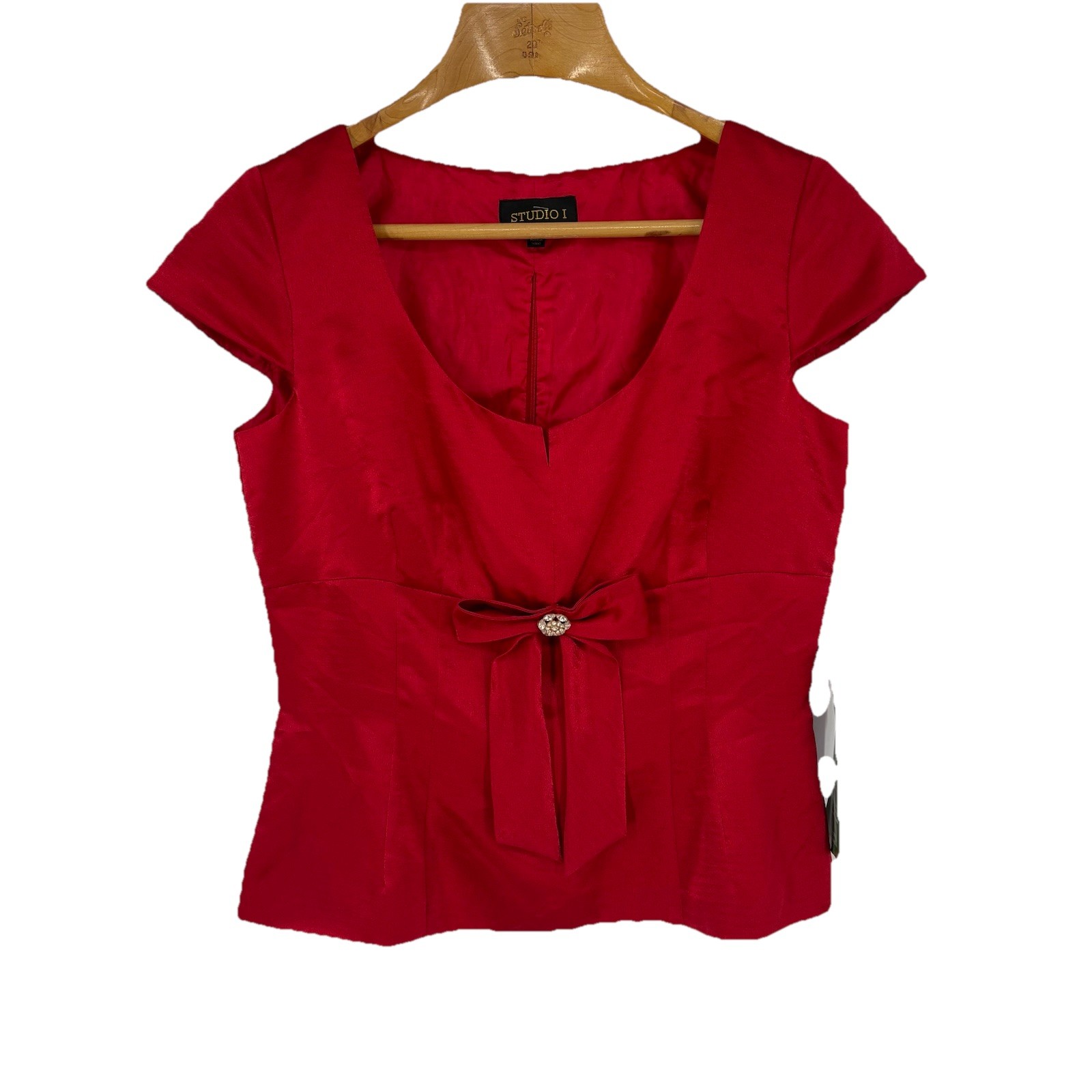 Studio I Womens Babydoll Satin Top 10 Red Bow Rhinestone Button Cocktail Holiday