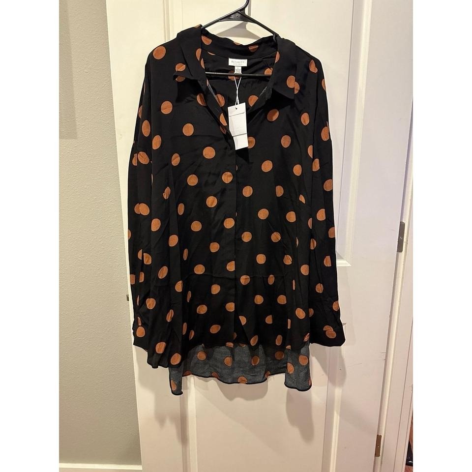 City Chic Fudge Spot Shirt Black Tan Polka Dot Button Down Blouse Size L NEW