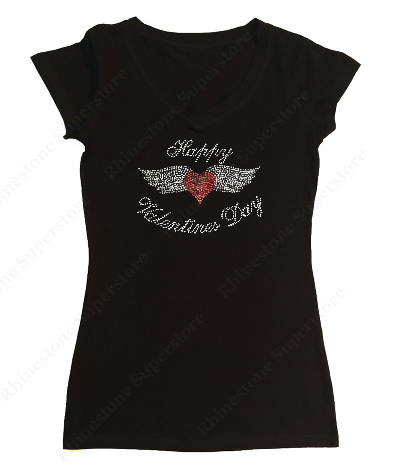 Women’s Rhinestone T-Shirt ” Happy Valentine’s Day Heart w/ Wings ” in All Sizes