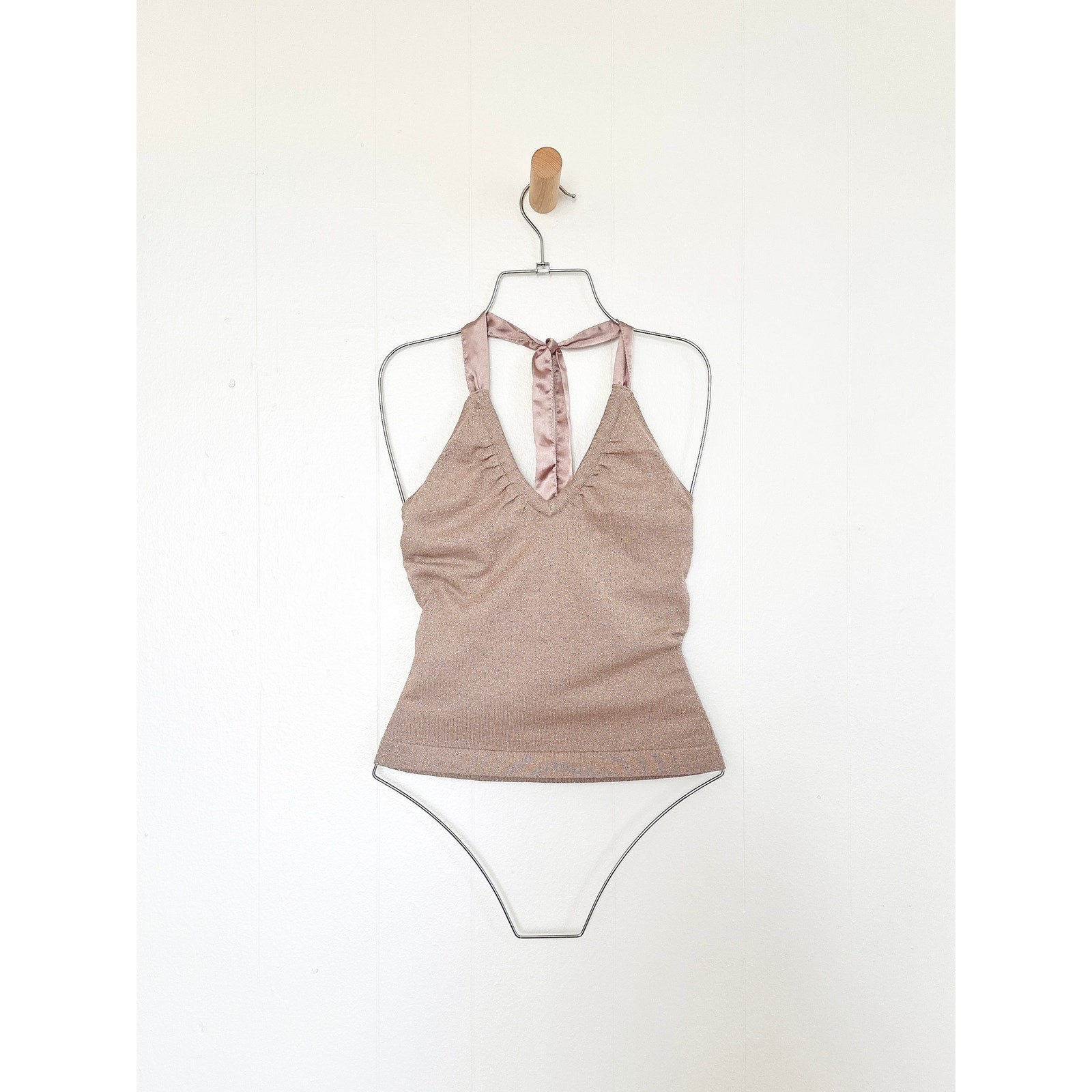 Vtg Y2K Bebe Champagne Gold Metallic Knit Halter Top Holiday Glam Sweater S / M