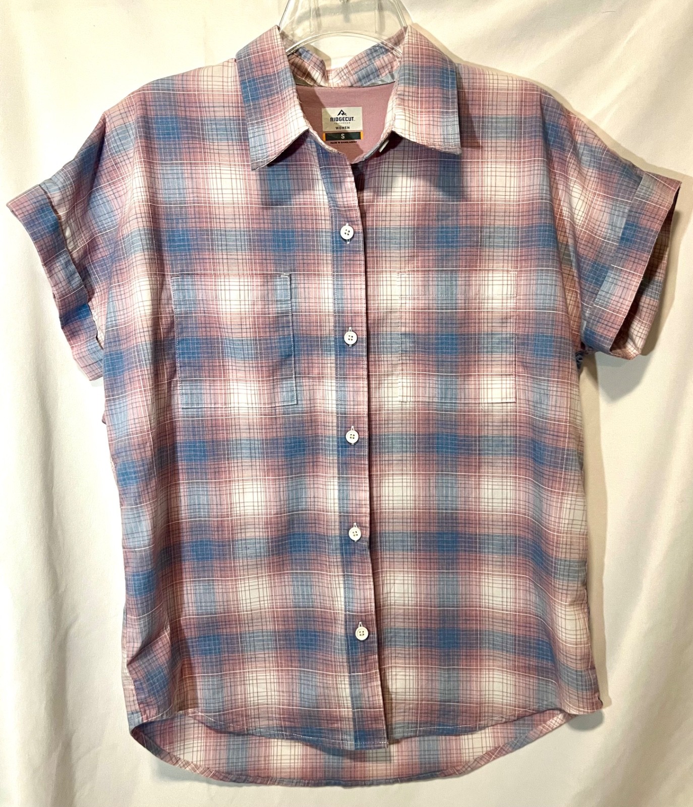 Ridgecut Toughwear Women’s Pink Blue Plaid Button Down Blouse Size S
