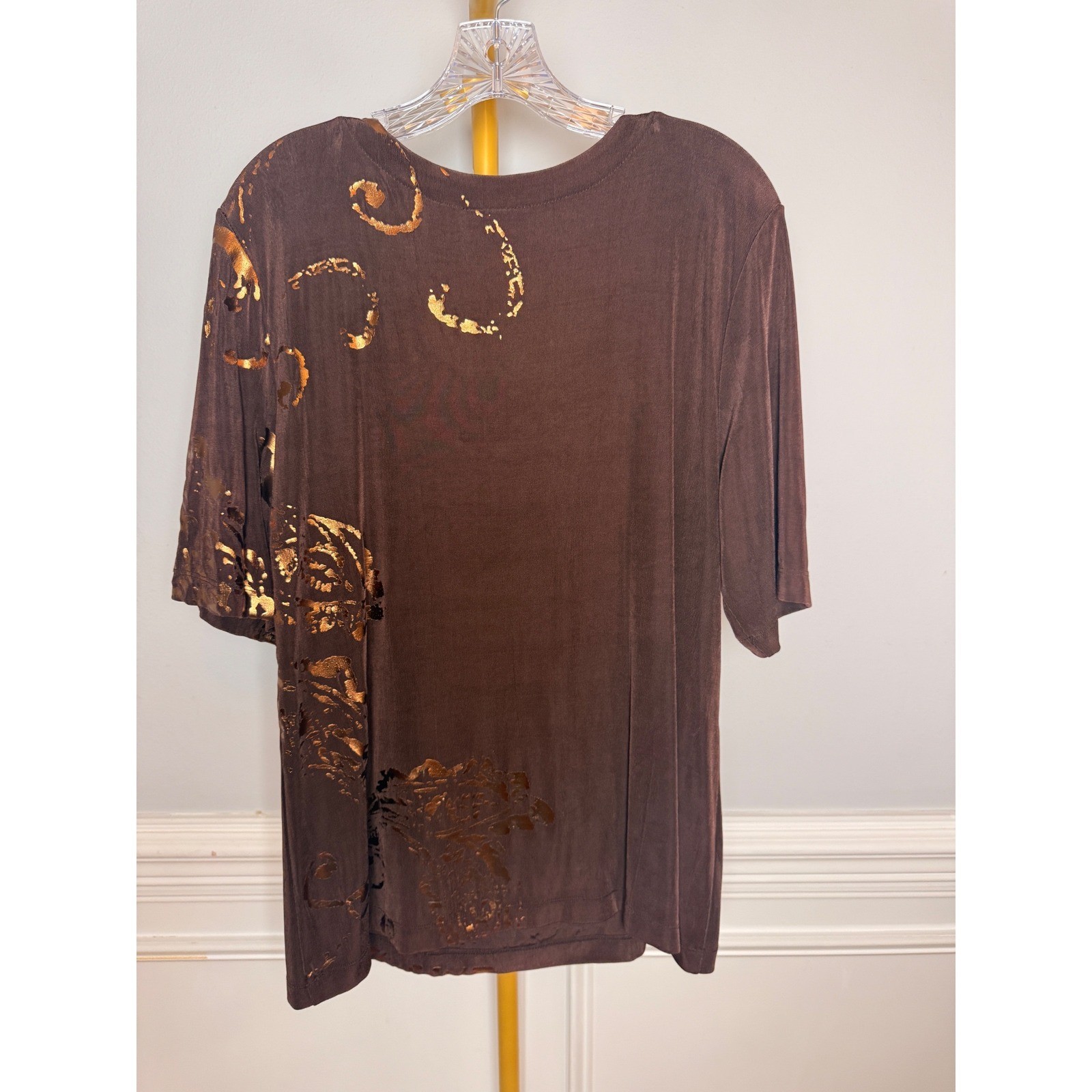 Chico’s Travelers Top Women Size 3 Brown Gold Acetate Metallic Foil XL