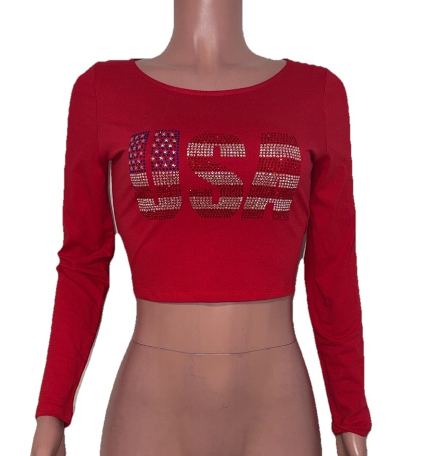 Forever 21 Bedazzled Rhinestone Bling American Flag Crop Top L New 250th BD Top