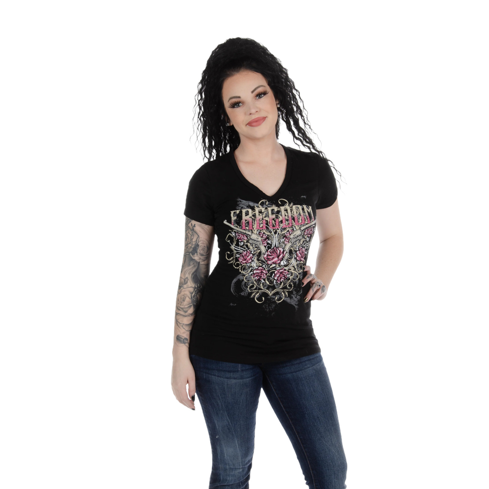 Liberty Wear Ladies Ruger Rhinestone Freedom Guns Black T-Shirt 7167