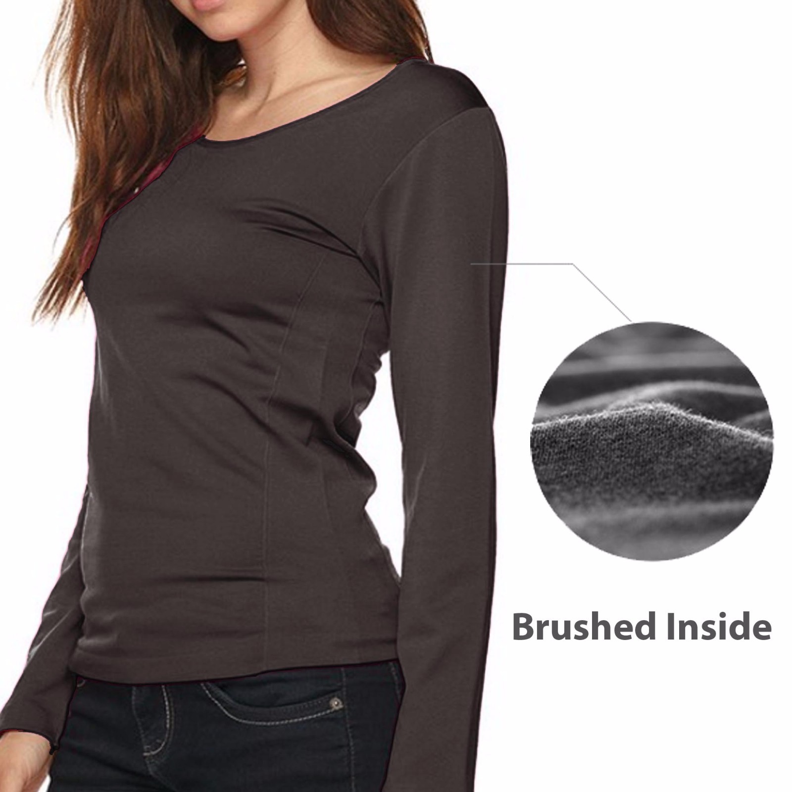 Winter Warm Fleece Lined Soft Round Neck Long Sleeve Shirt Top Stretch Slim Fit