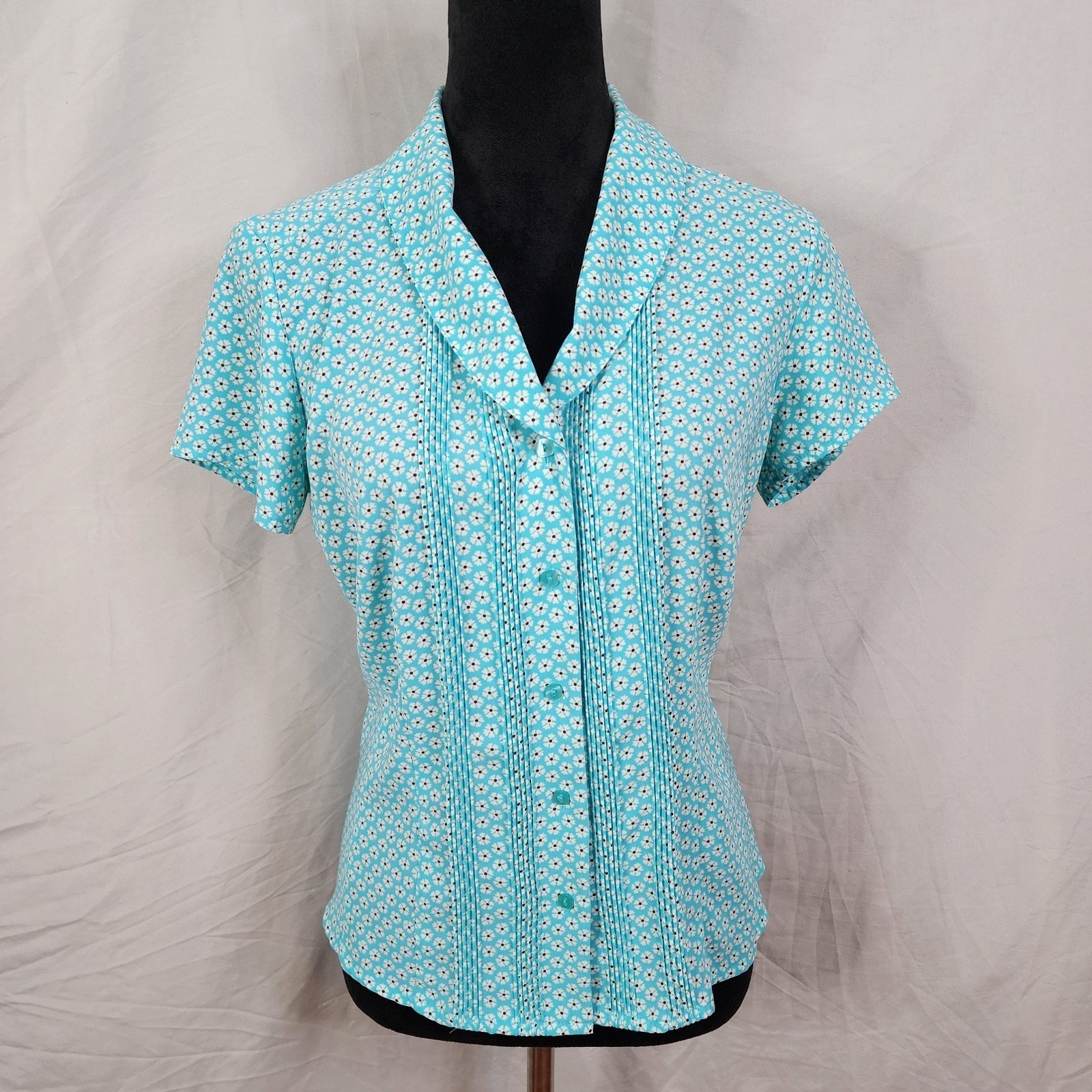 COVINGTON Size Small Turquoise Blue Ditsy Floral Pleated Shawl Collar Blouse EUC