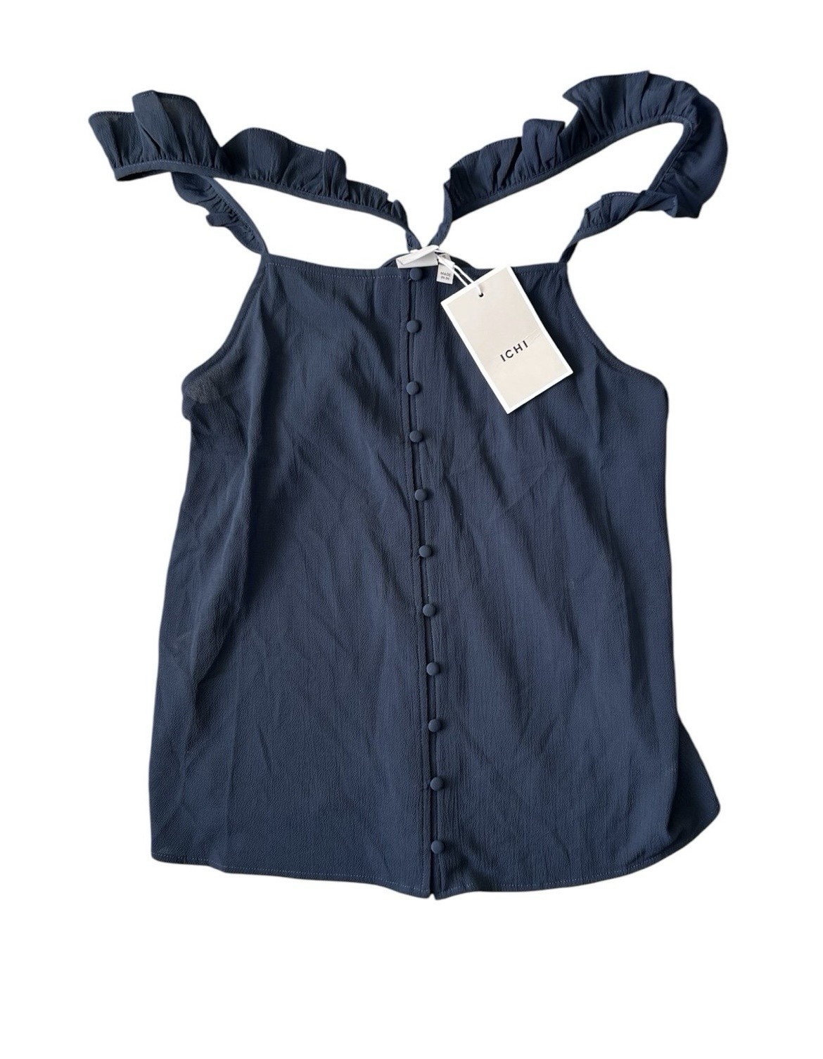 ICHI Navy Blue Button Down Flutter Blouse Medium NWT