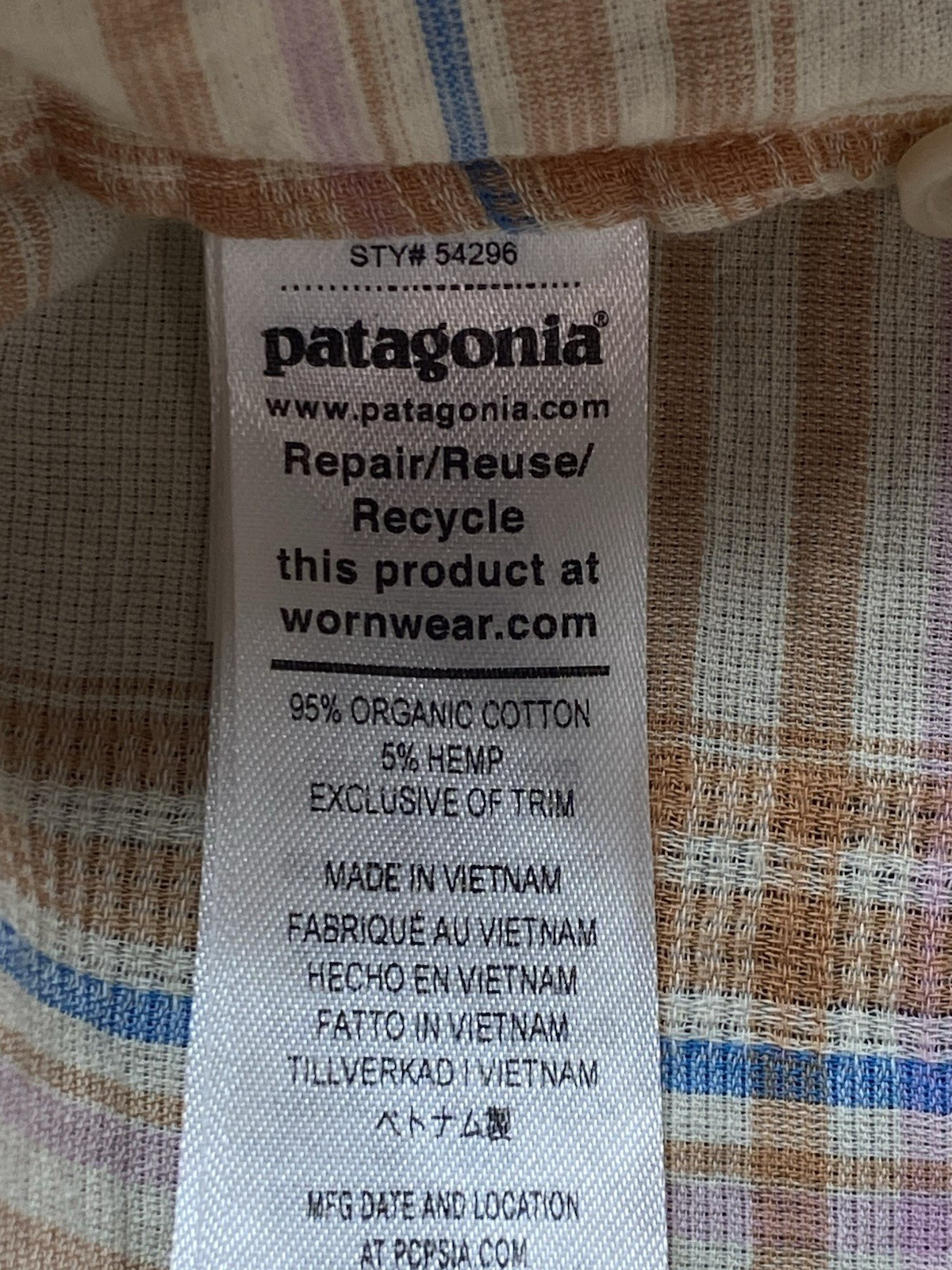 Patagonia Size L Beach Time Natural Ivory Plaid Lightweight Hemp Cotton Shirt