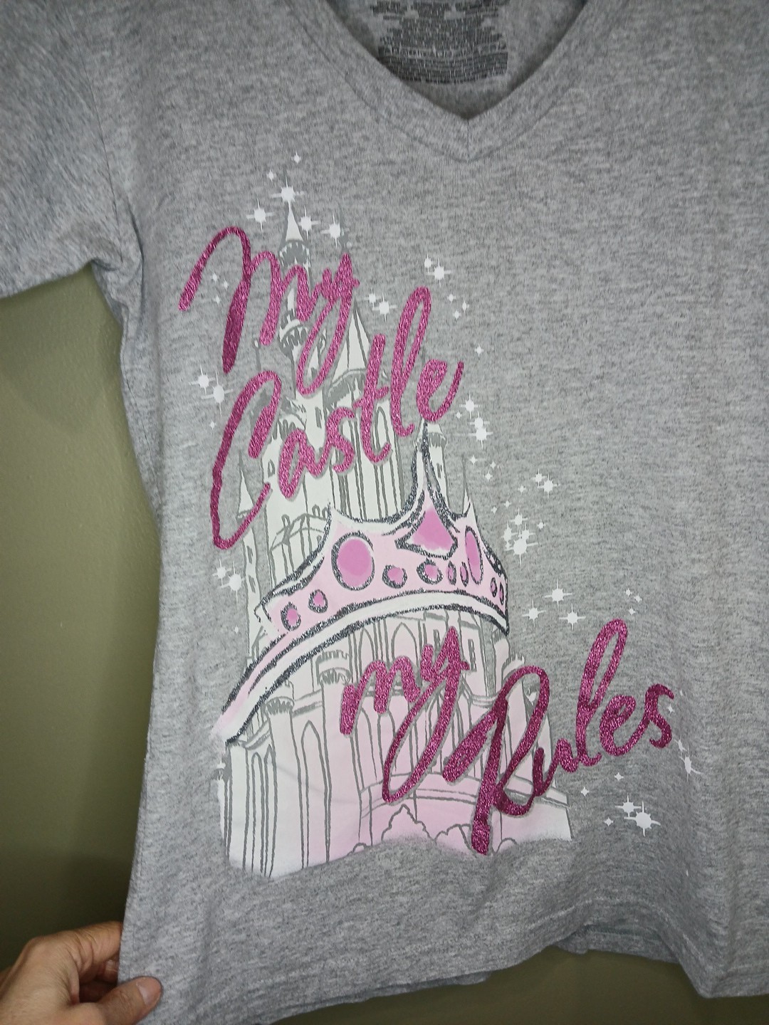 Disney Store Women’s Small Gray V Neck MY Castle MY Rules Glitter T-shirt WDW