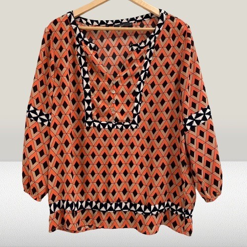 THML Women’s Geometric Print Split Neck Blouse Orange Medium