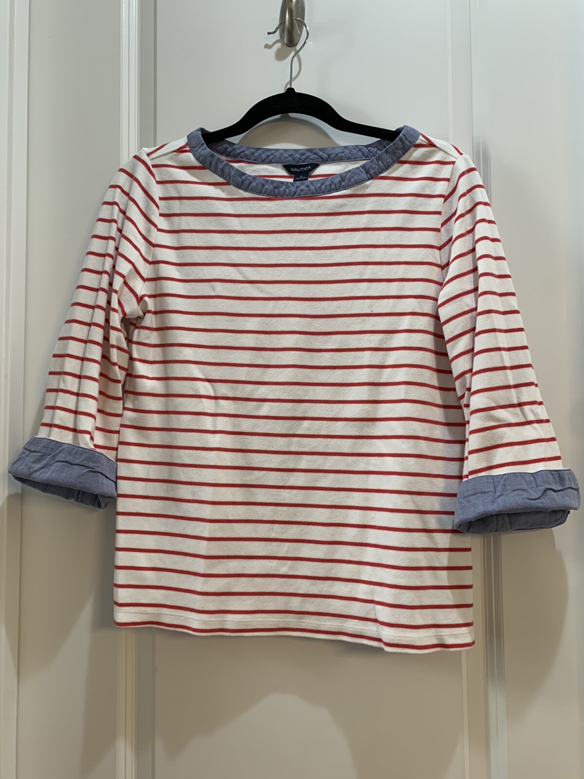 Nautica Red/White Stripes 3/4 Cuffed Sleeve Tee Large Boatneck Cotton