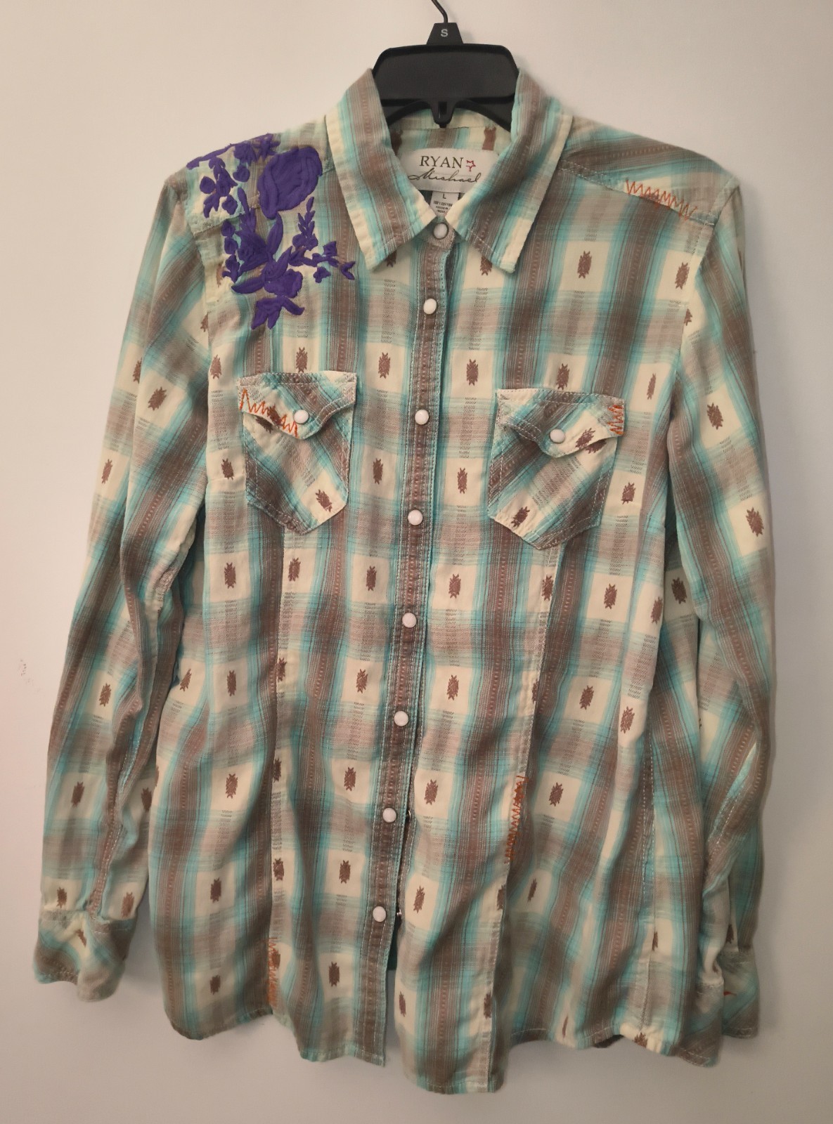 Ryan Michael Western Teal BN Plaid Shirt Women’s L Embroidered Long Sleeve Snaps
