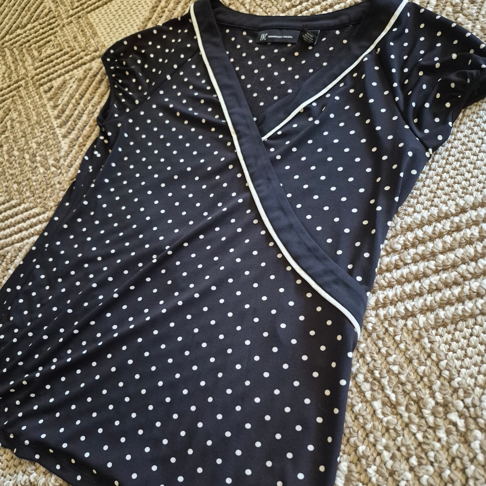 Y2K Coquette Polka Dot V-Neck Top INC Black White Contrast Trim Wrap Shirt M
