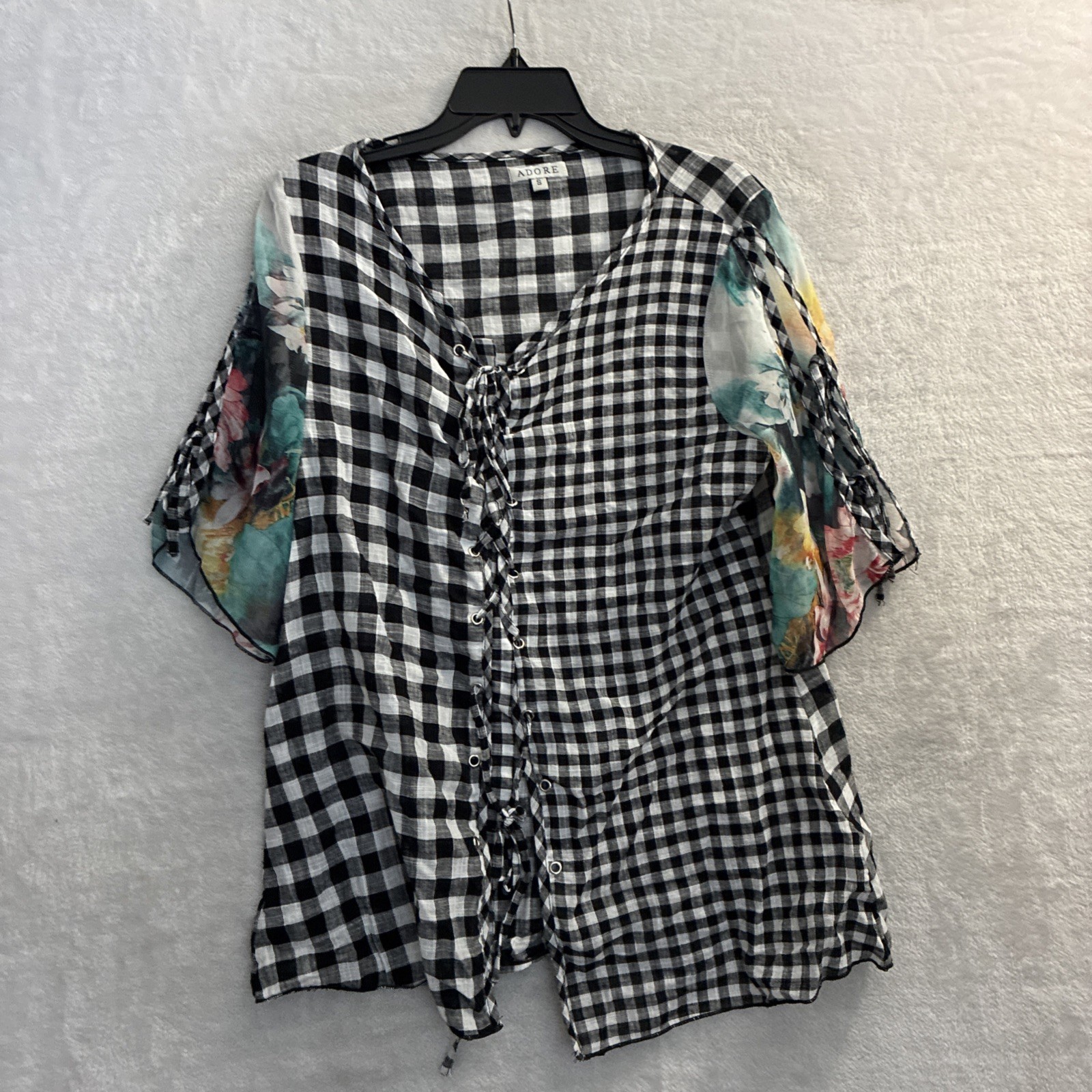Adore Womans Blouse Top Multicolor Geometric Small Polyester Sheer Short Sleeve