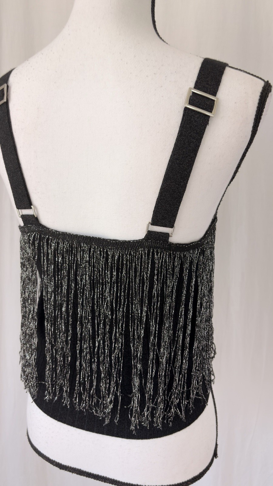 Fab’rik Black Silver Metallic Fringed Crop Ribbed Square Neck Tank Top Sz Medium