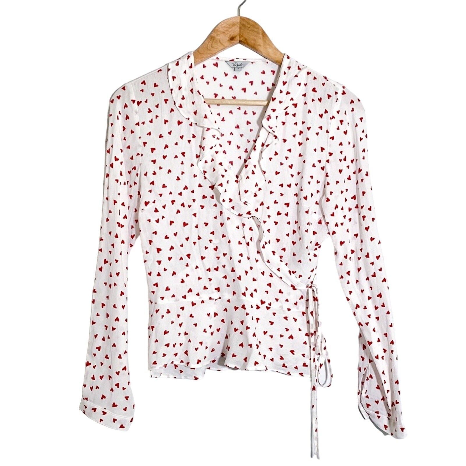 Rails Simone Heart Print Wrap Crop Ruffle Peplum Blouse Top White Red Small