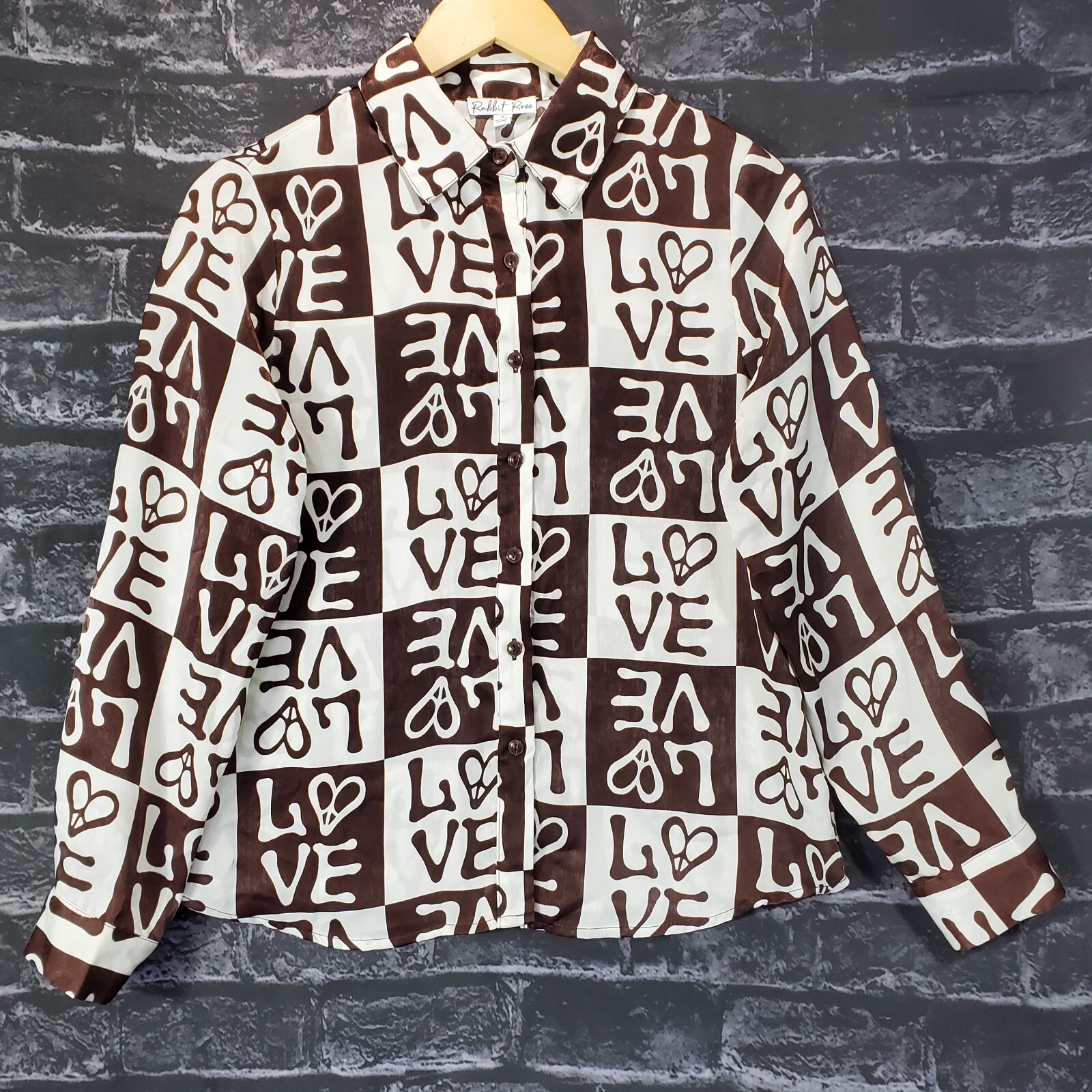 Rabbit Rose Button Up Blouse Womens Small White Brown Checkered LOVE