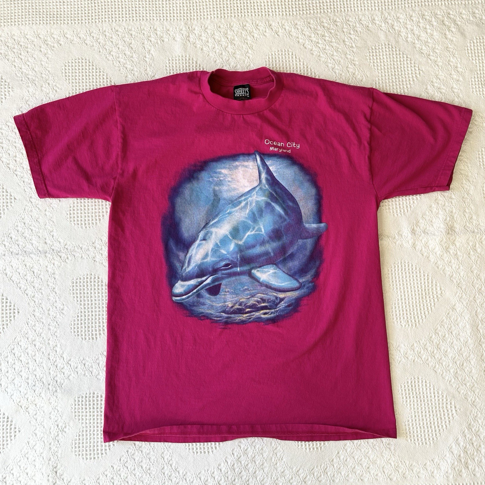 Vintage Ocean City Maryland Shirt Tee Womens Large Pink Dolphin OCMD Beach Ocean