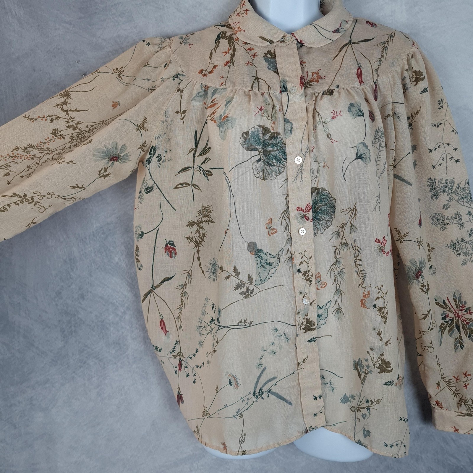 Vintage Evan Picone Blouse Womens Large Beige Floral Puff Sleeve Sheer Cottage