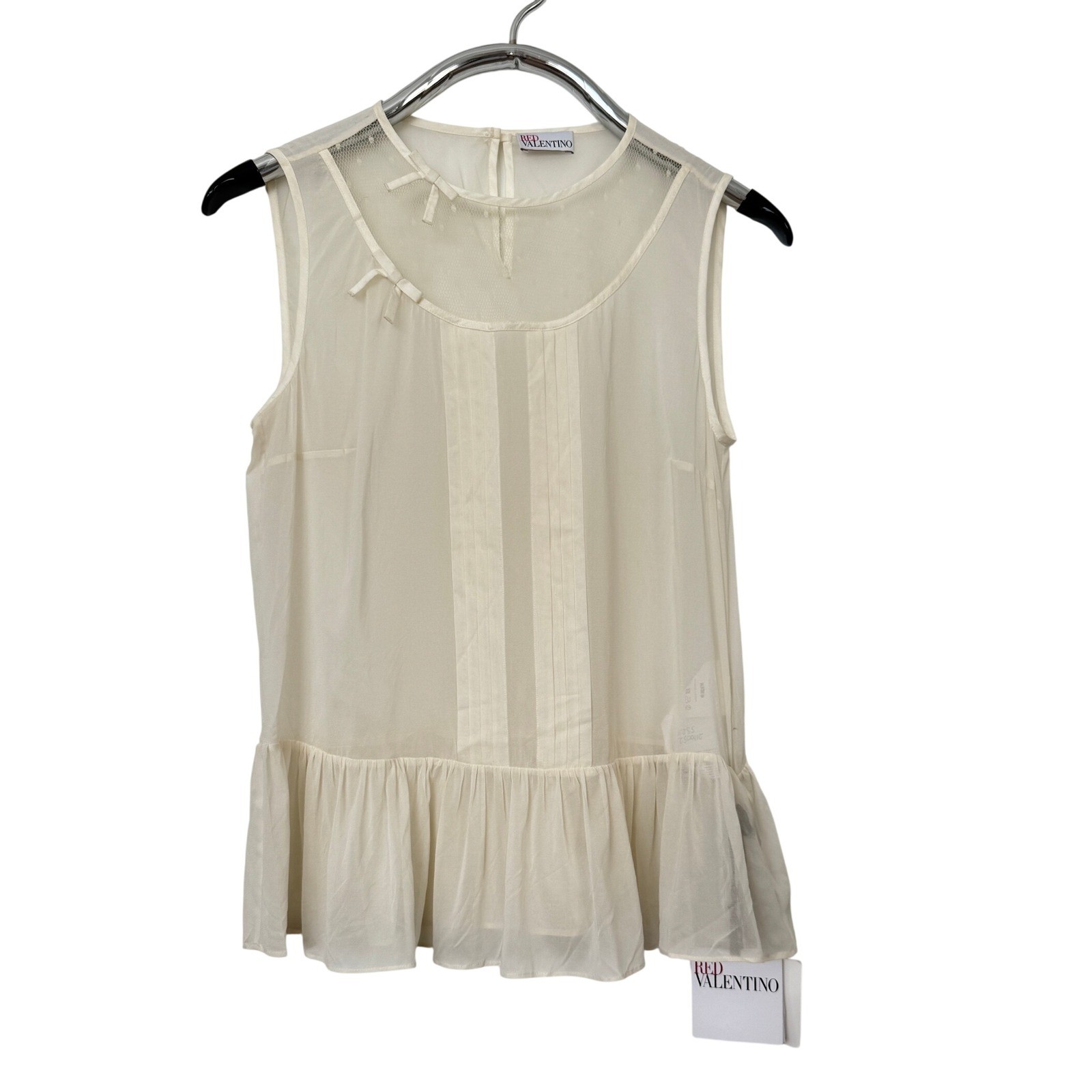 RED Valentino Silk Mesh Peplum Blouse US 6 Ecru Bow Point D’esprit NWT