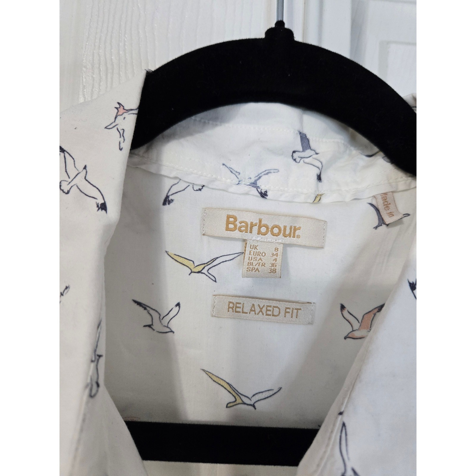 Barbour Relaxed Fit Seagull Print Button Down Shirt White Long Sleeve Women 4