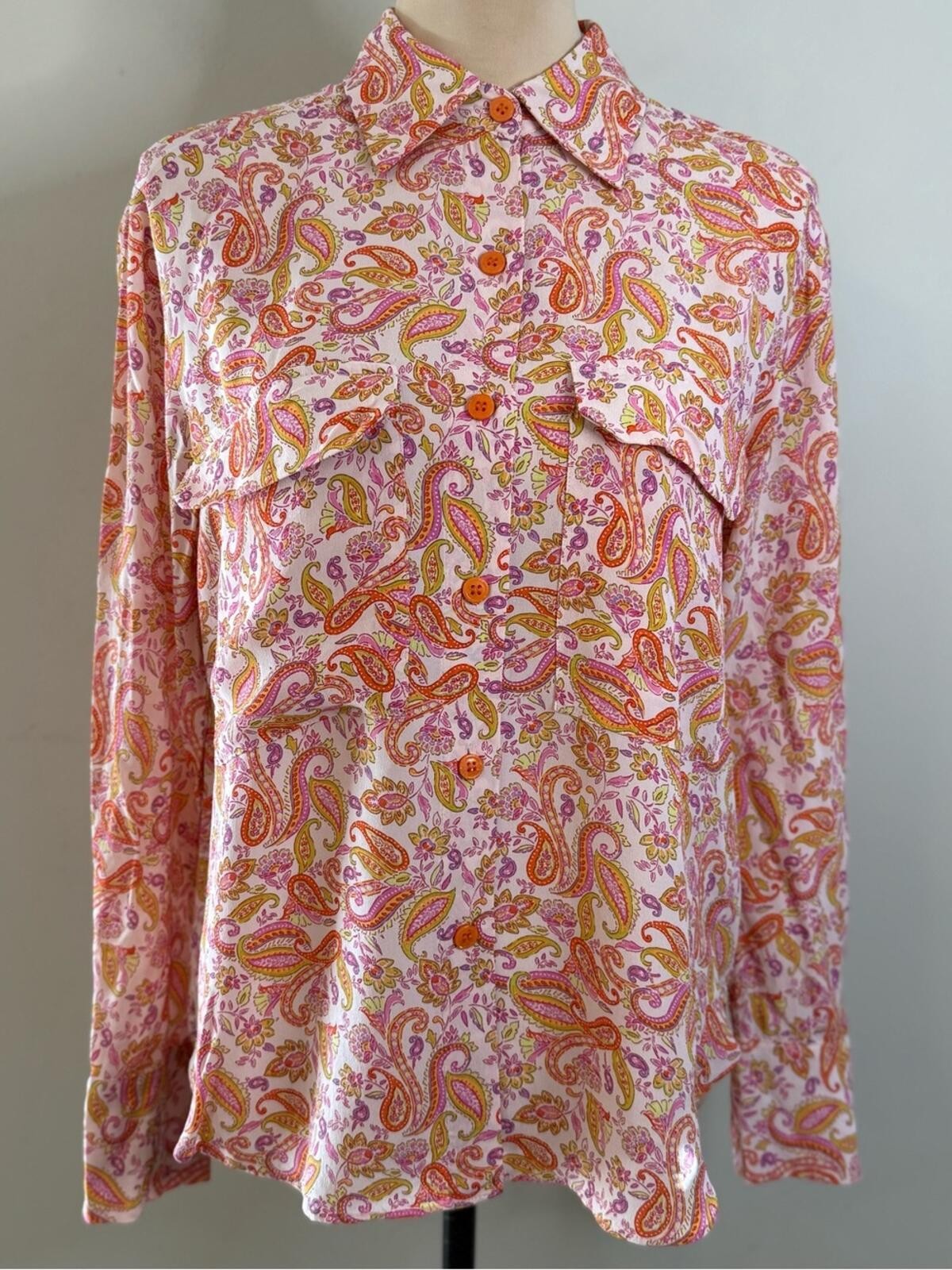 Zara paisley button up long sleeve top pink purple green M