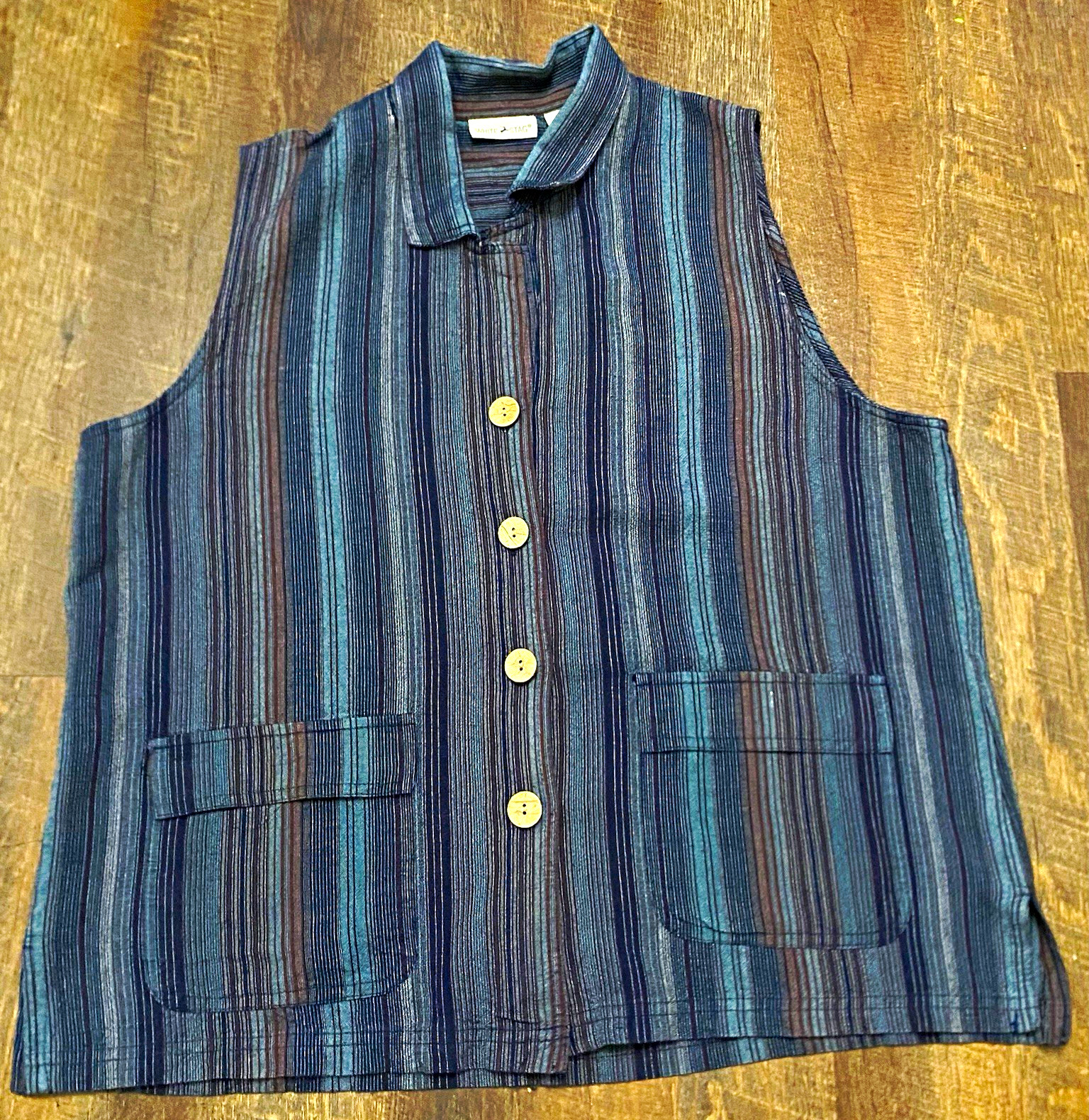 White Stag Women’s Striped Button Front Collared Pocket Vest Linen Rayon L