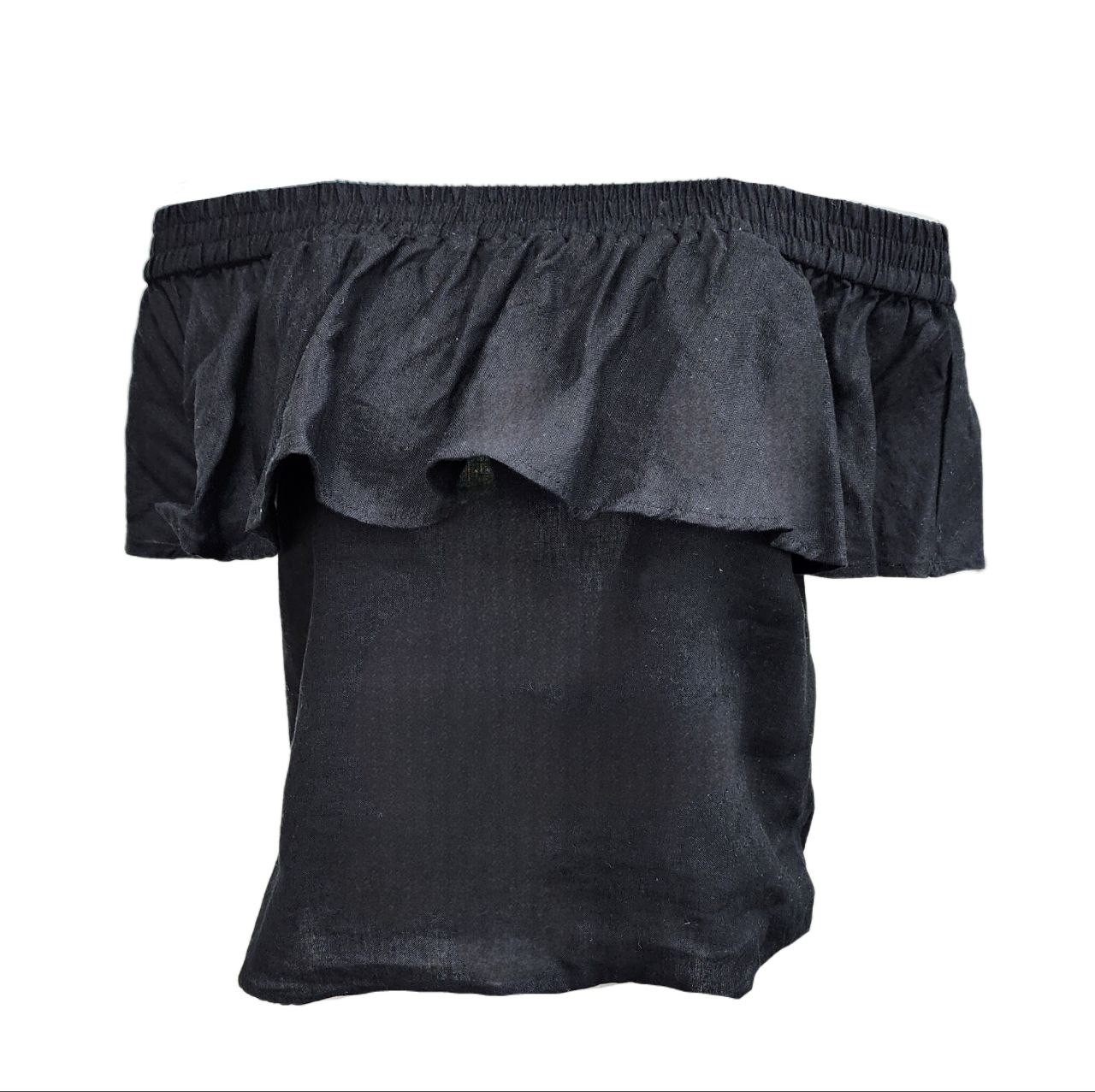 HoodLamb Women’s Black Ruffle Off Shoulder Hemp Top 420 NWT