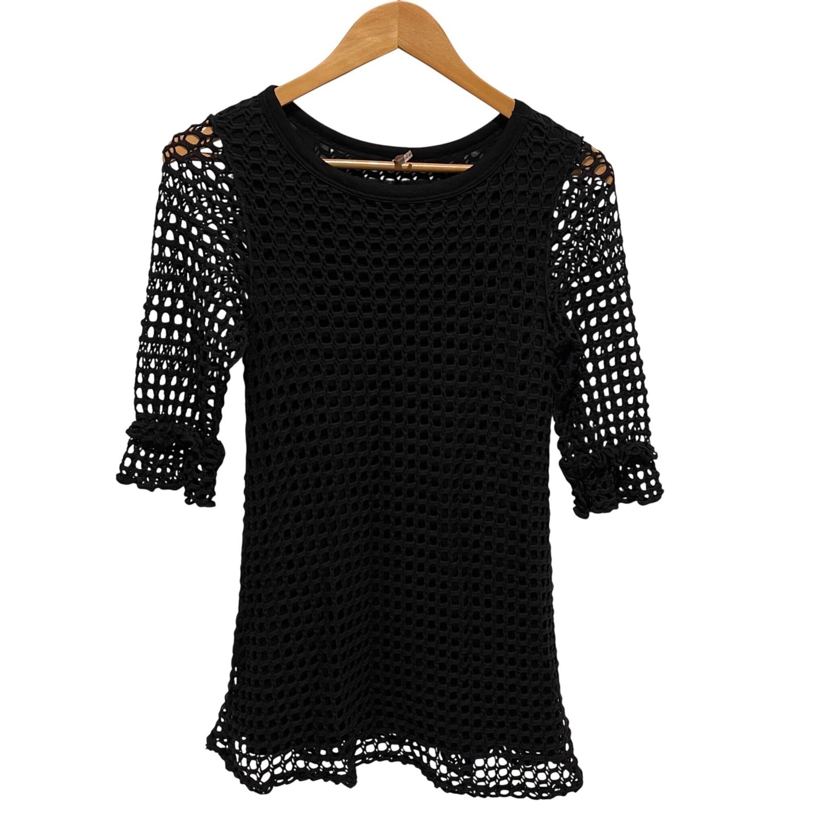 Pete Johnny Was Black Crochet Mesh 3/4 Sleeve Tunic Top Sheer Boho Womens Small