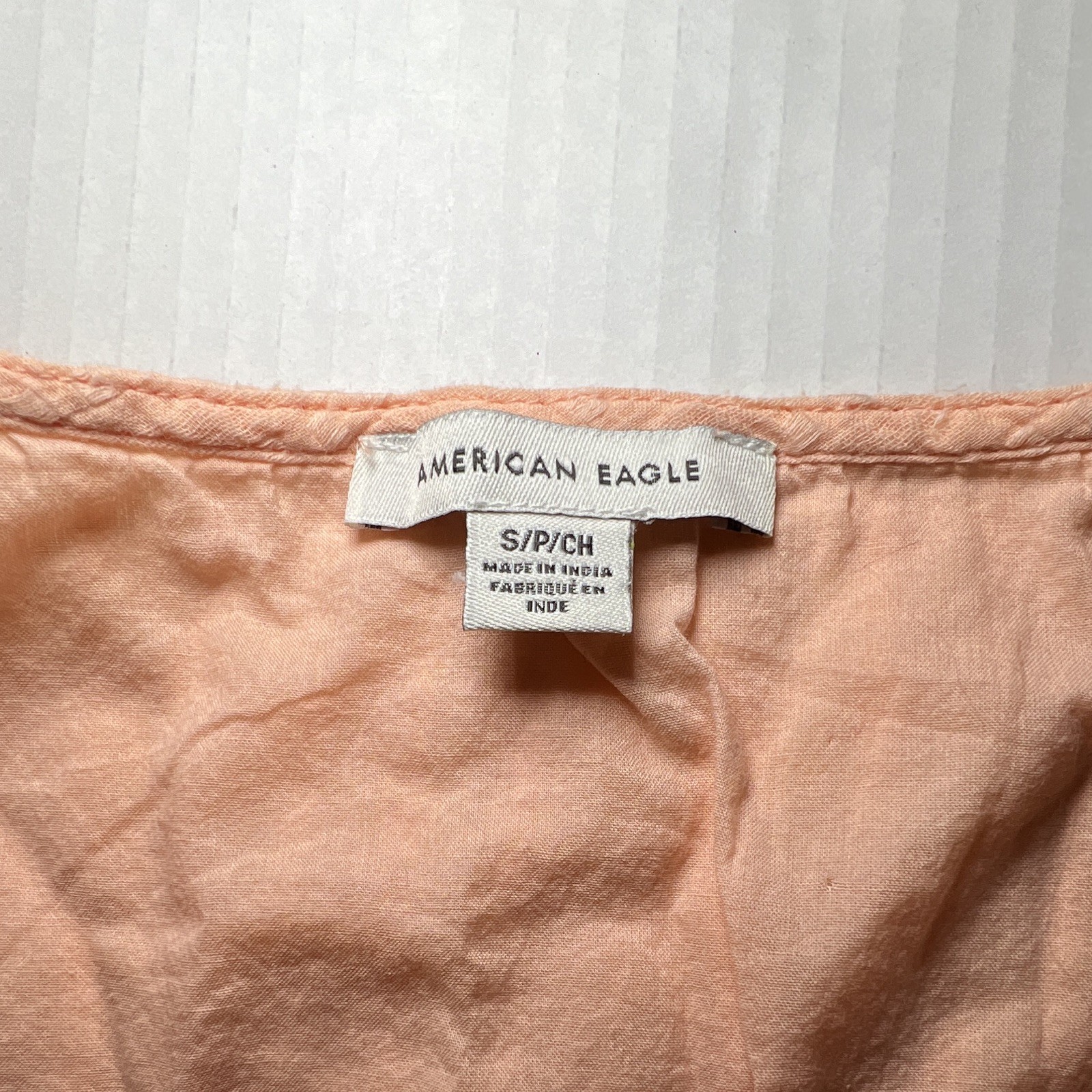 American Eagle Women’s S/P/CH Peach Striped V-Neck Puff Sleeve Ruffle Blouse