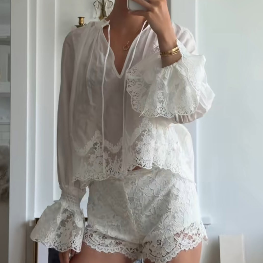 BNWT H&M Lyocell Blend Lace-Trimmed Blouse 1342435001 White Sizes XS, S, M, L