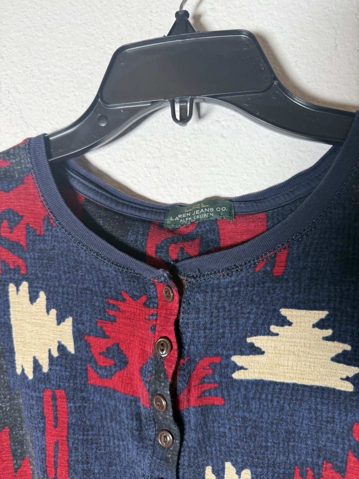 Ralph Lauren Jeans Co Red Blue Aztec Southwestern Elbow Patch Henley Women