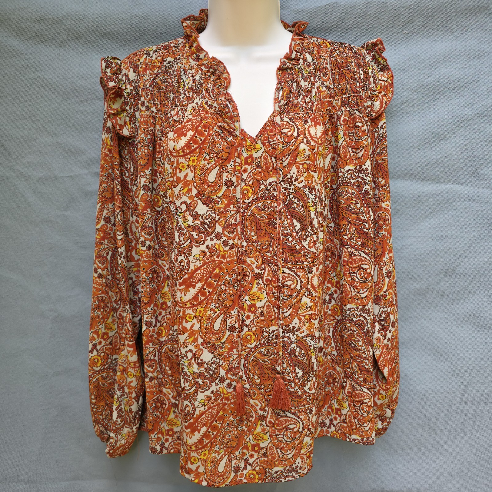 Grand & Greene Paisley Brown Thanksgiving Shirt Ruffle Sleeves Size M