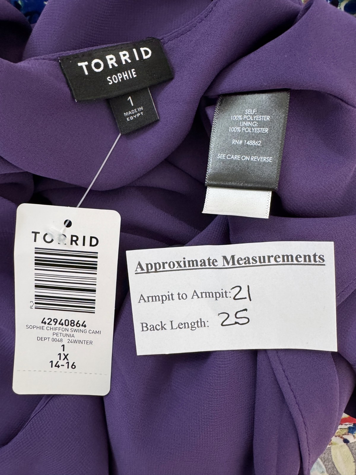 New! TORRID 1 Women’s Sophie Chiffon Swing Cami Petunia Double Layer Tank NWT