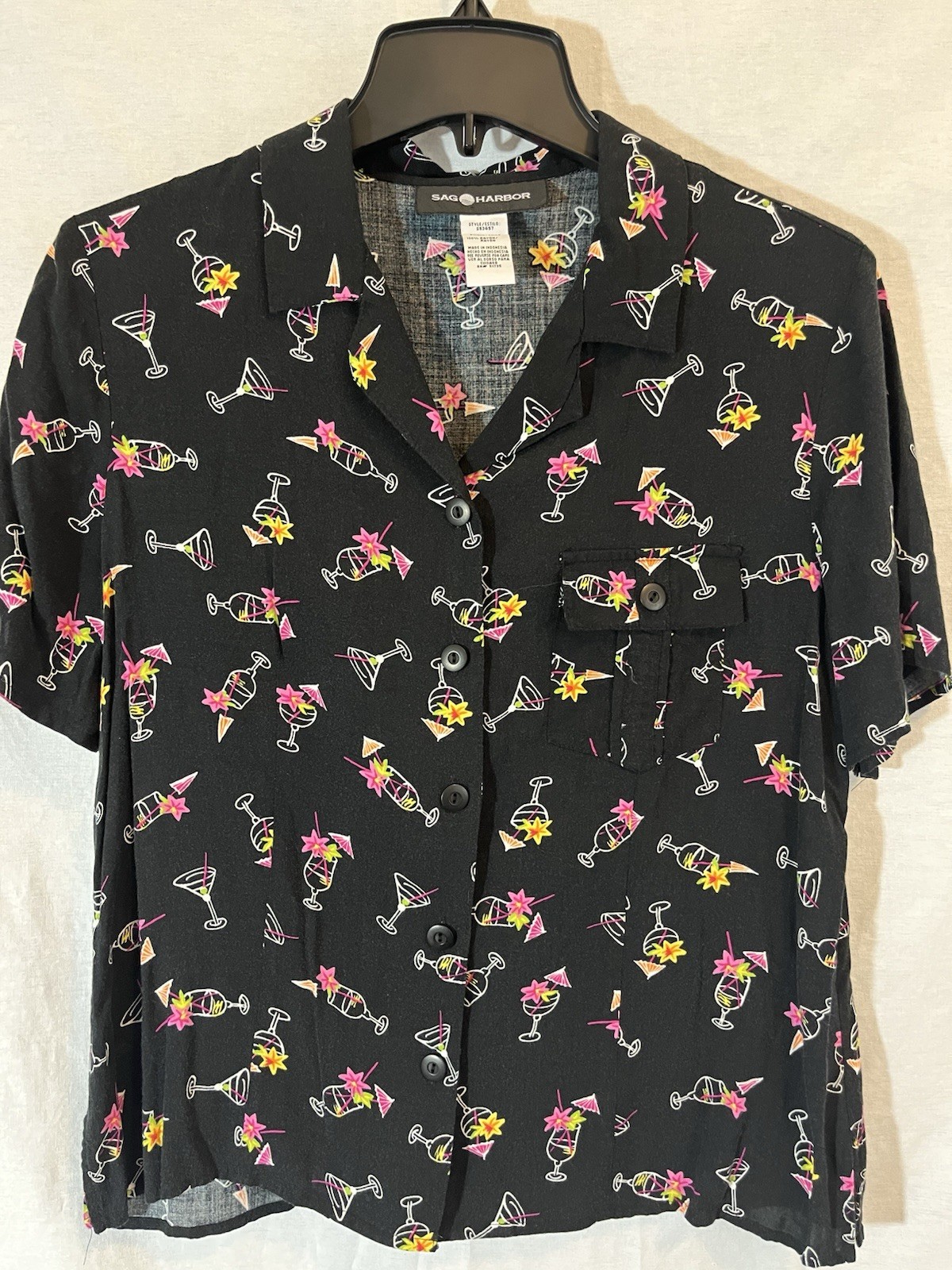 Sag Harbor Women’s Small Black Martini Glass Button Down Short Sleeve Blouse