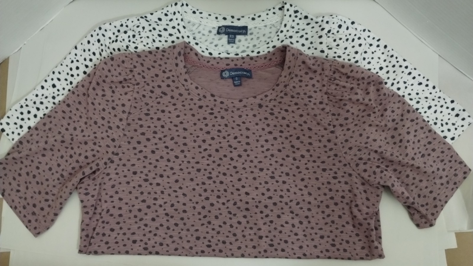 2 Democracy Spotted Print T-shirts Mauve/White, Size Small And XSmall