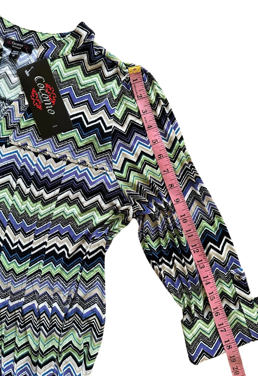 COCOMO 1X Green Blue Purple 3/4 sleeve Studded women’s Pintuck Blouse shirt
