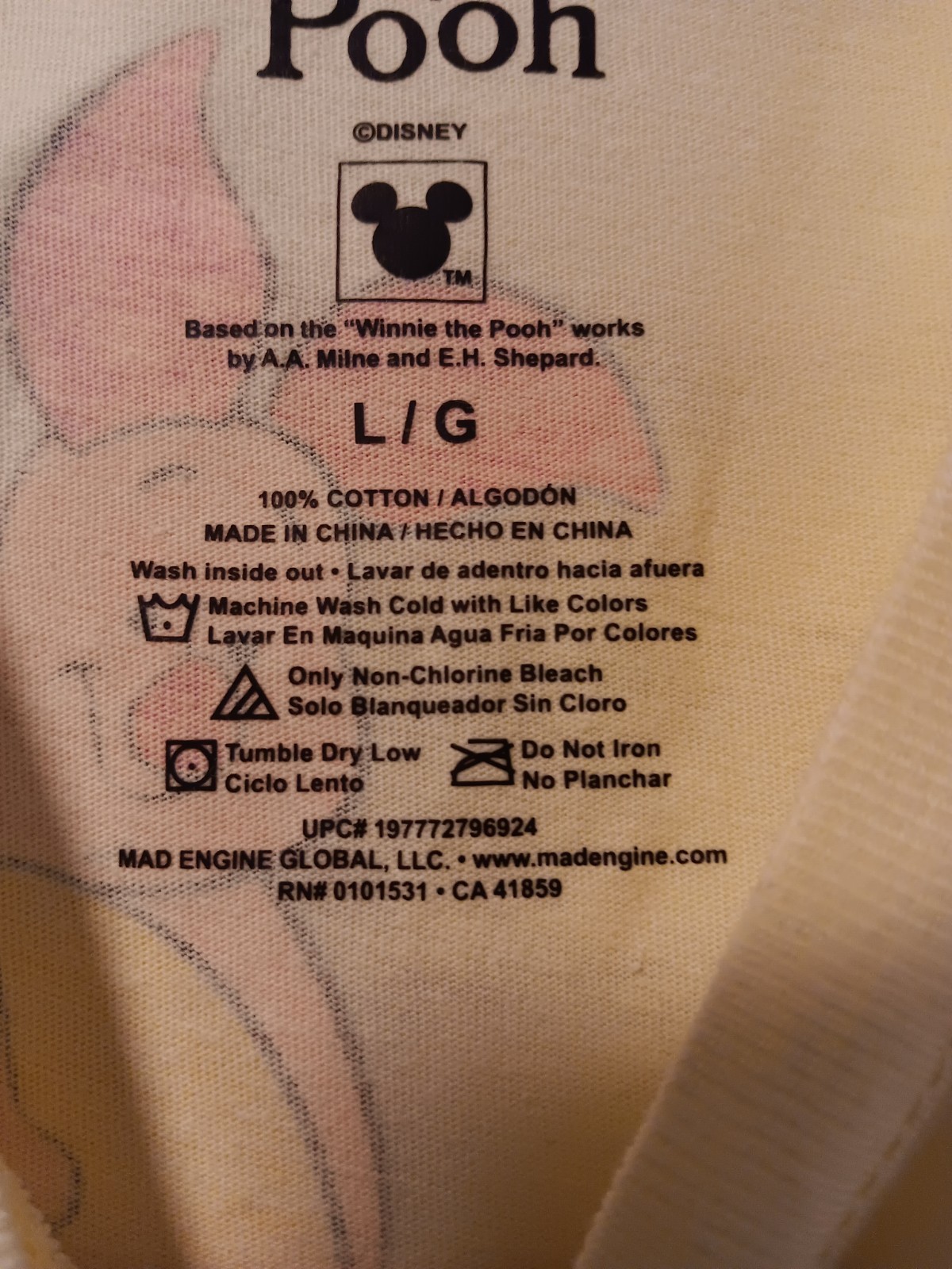 Disney Winnie the Pooh Junior T-Shirt Size L Front & Back Graphic S/S yellow NWT