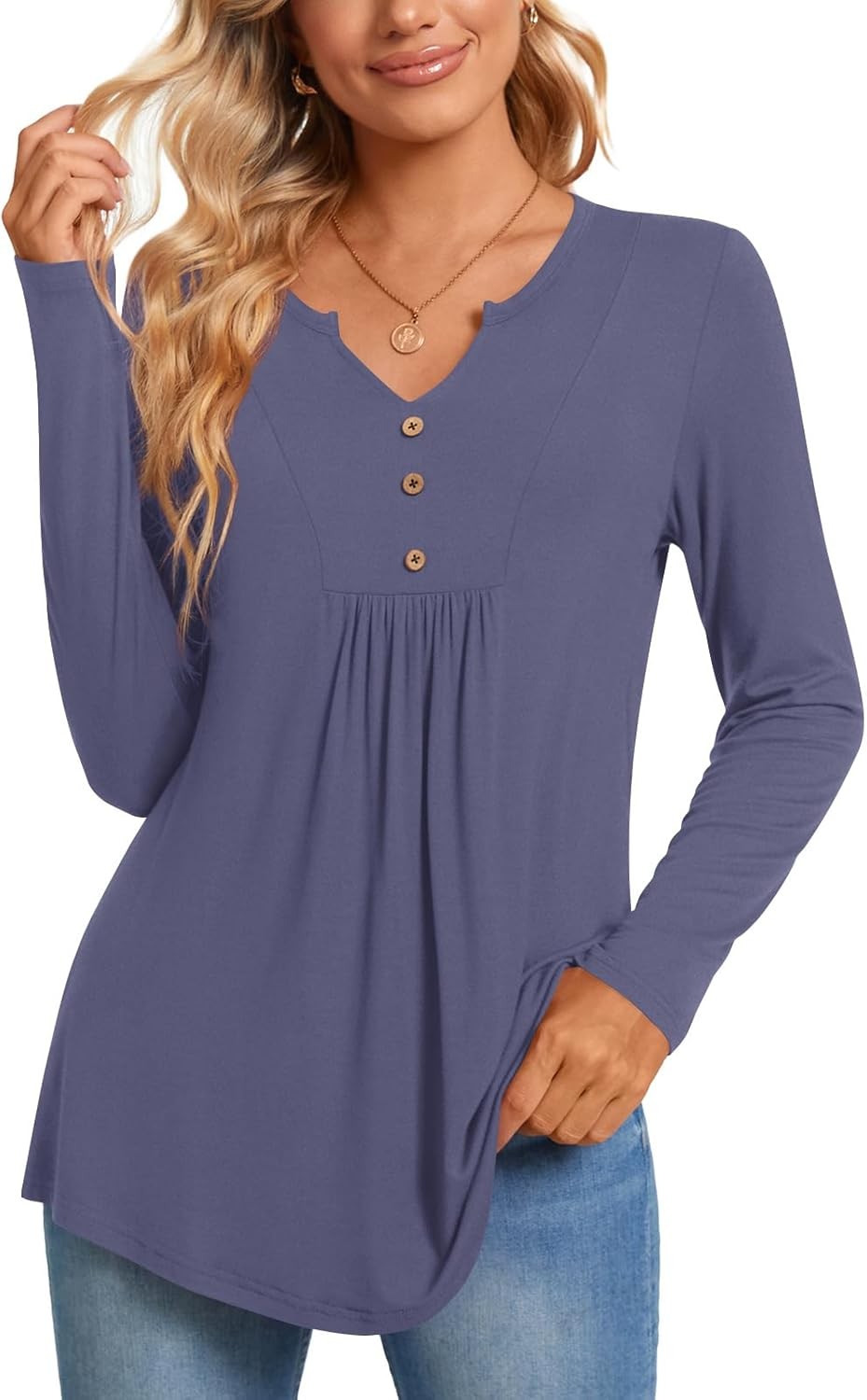 Womens Long Sleeve Tops Henley Shirt V-neck Down Blouse Casual Pleated Pullover