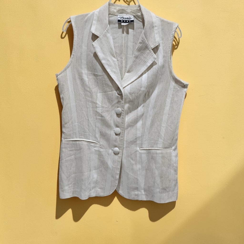 Vintage Marnie West Vest Notch Lapel Fabric Front Buttons Cream Stripes Women M.