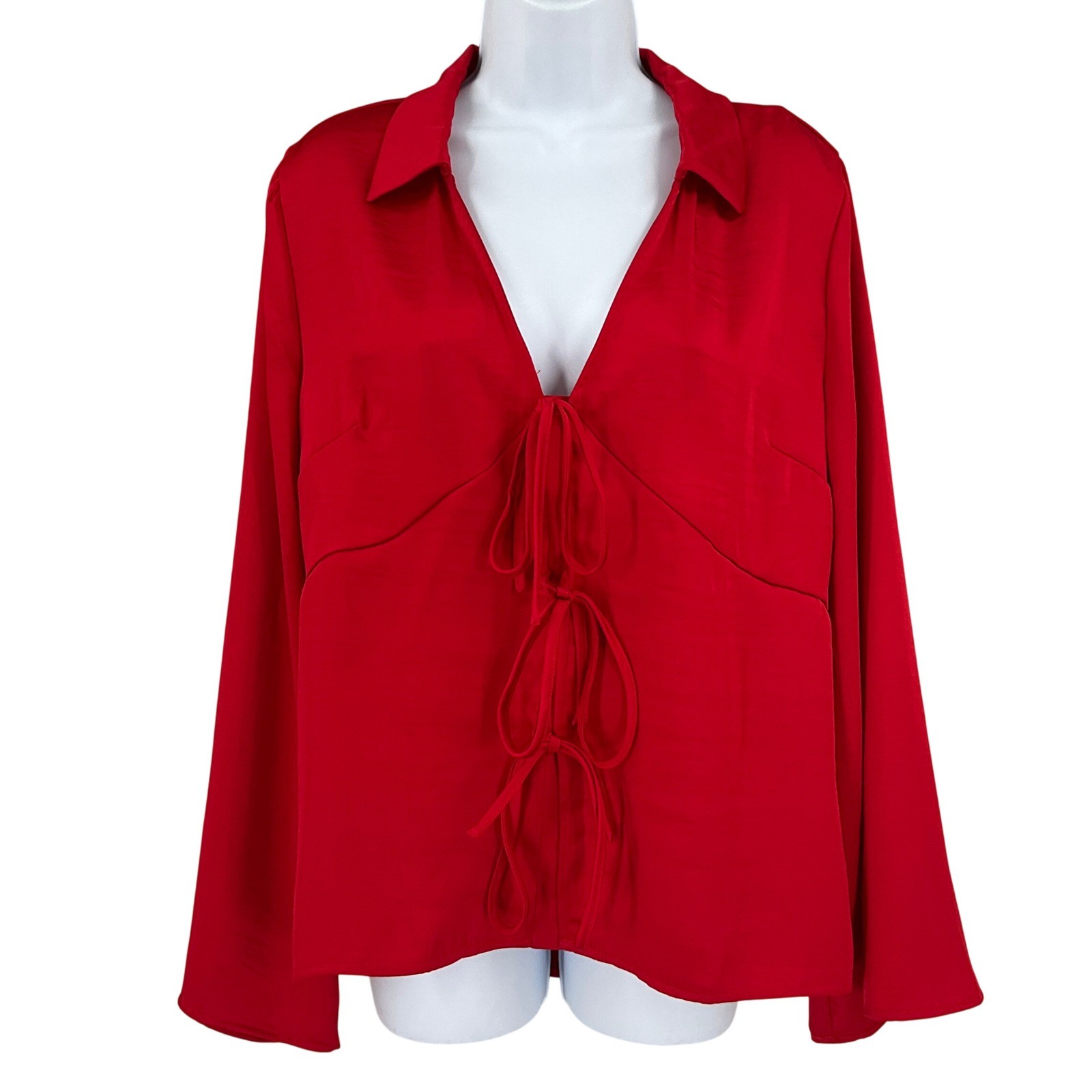 A New Day Top Womens XL Red Satin Tie Front Bow Holiday Blouse Office Cocktail