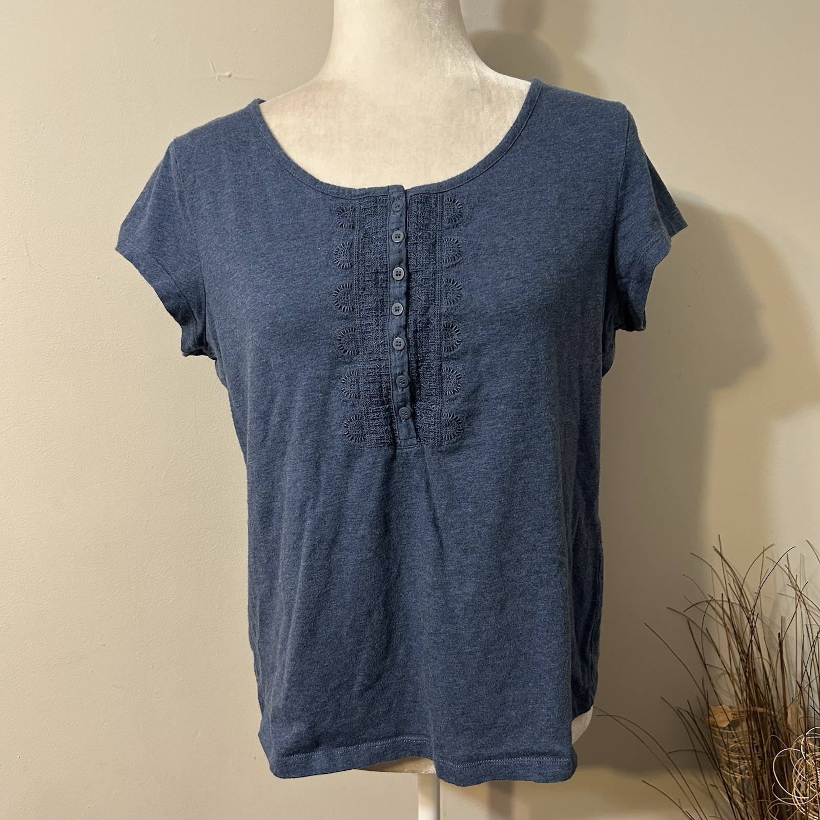 Liz & Co Blue Top Cap Sleeve Henley Round Neck Crochet Lace Trim Cotton Sz XL