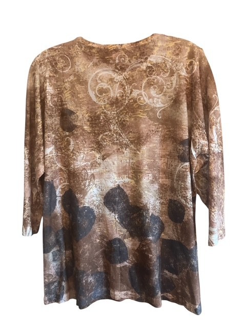 VTG Coldwater Creek Fits Medium Browns Taupe w/ Gold Abstract Knit Tunic Top
